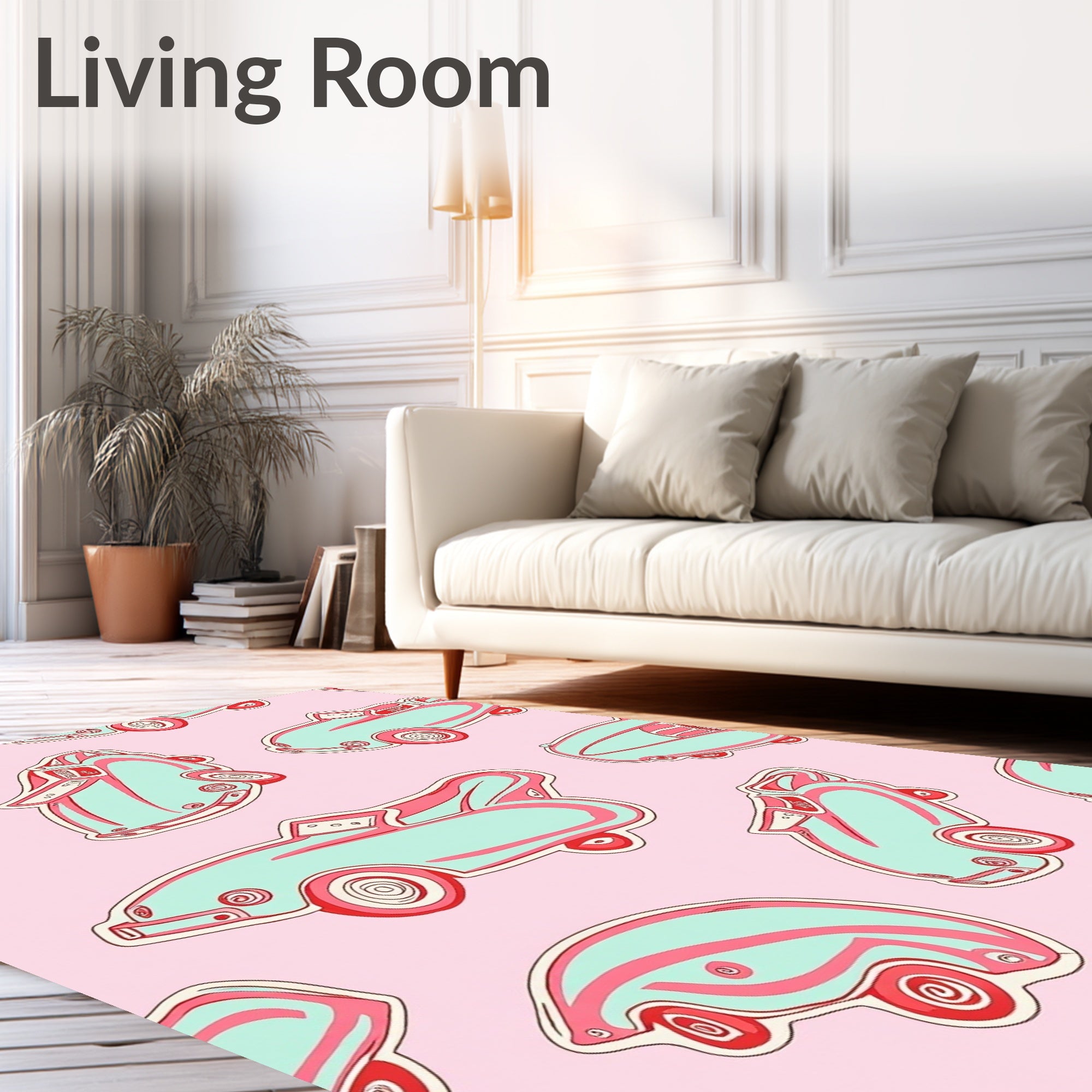Retro Teal Pink Toy Car Collage Rug
