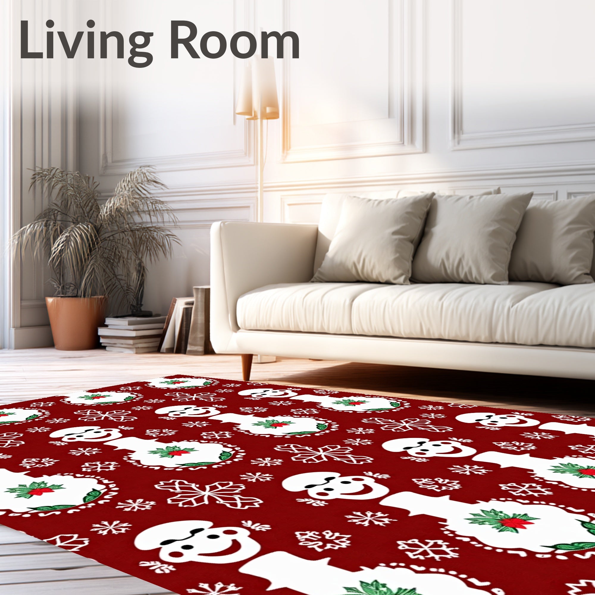 Festive Red Snowman Holly Snowflakes Rug