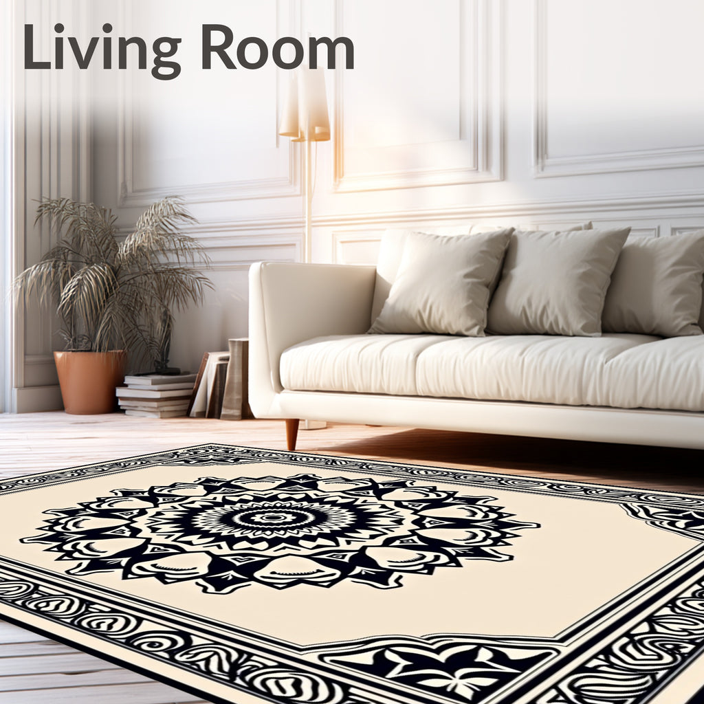 Cream and Black Intricate Mandala Frame Rug