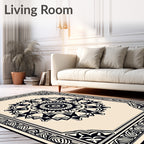 Cream and Black Intricate Mandala Frame Rug