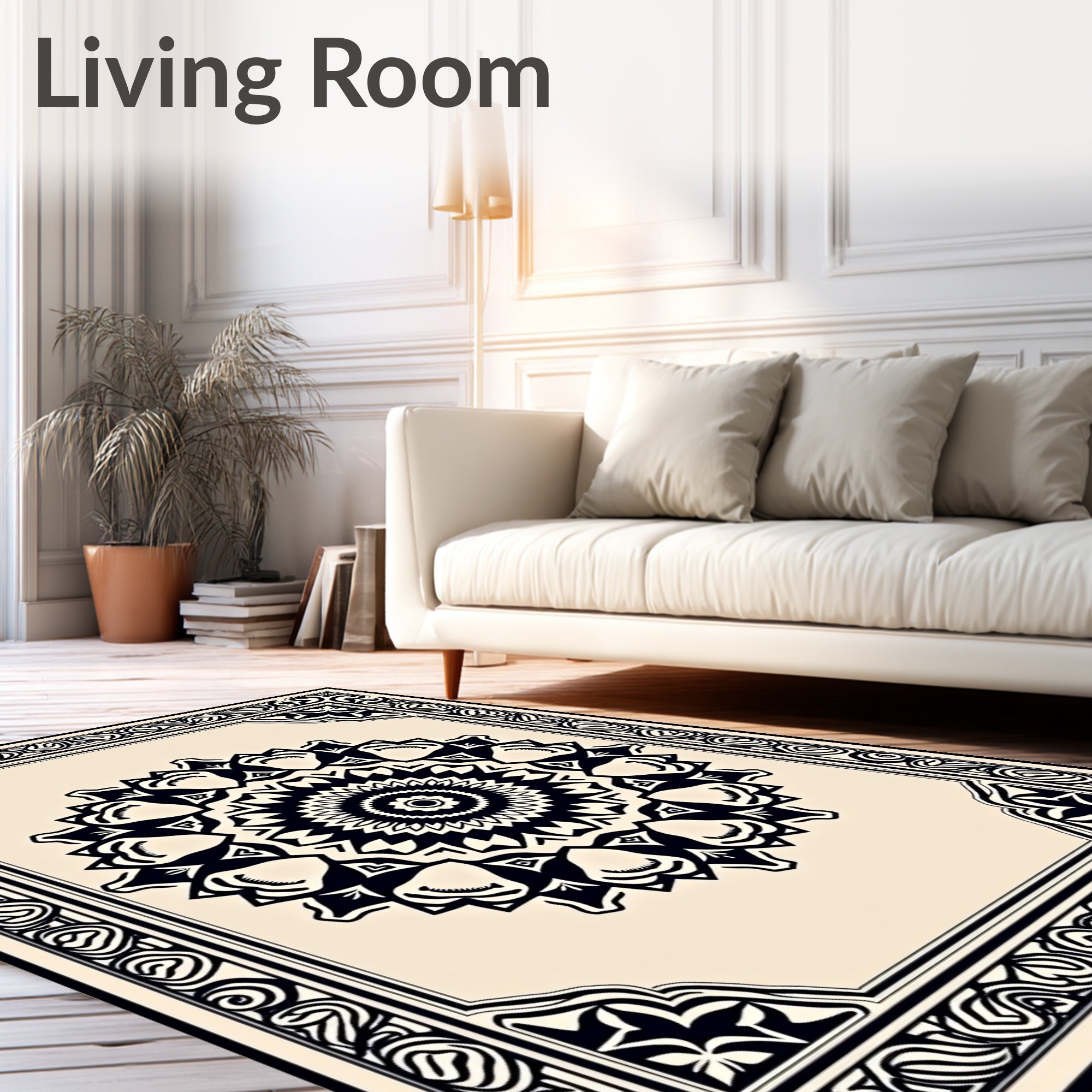 Cream and Black Intricate Mandala Frame Rug