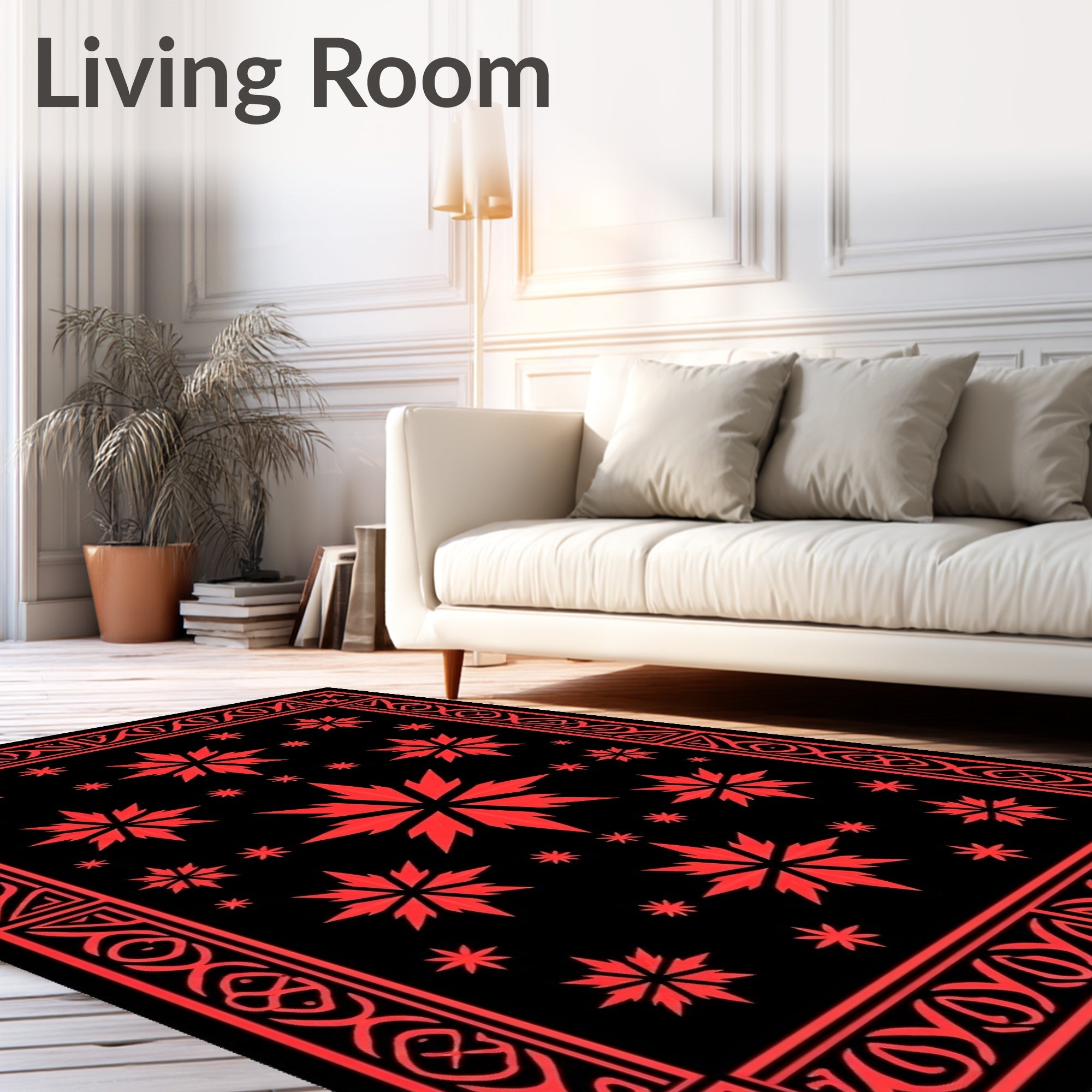 Crimson Starbursts Black Border Rug