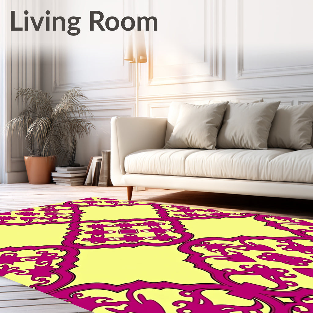 Vibrant Magenta Arching Filigree Yellow Rug