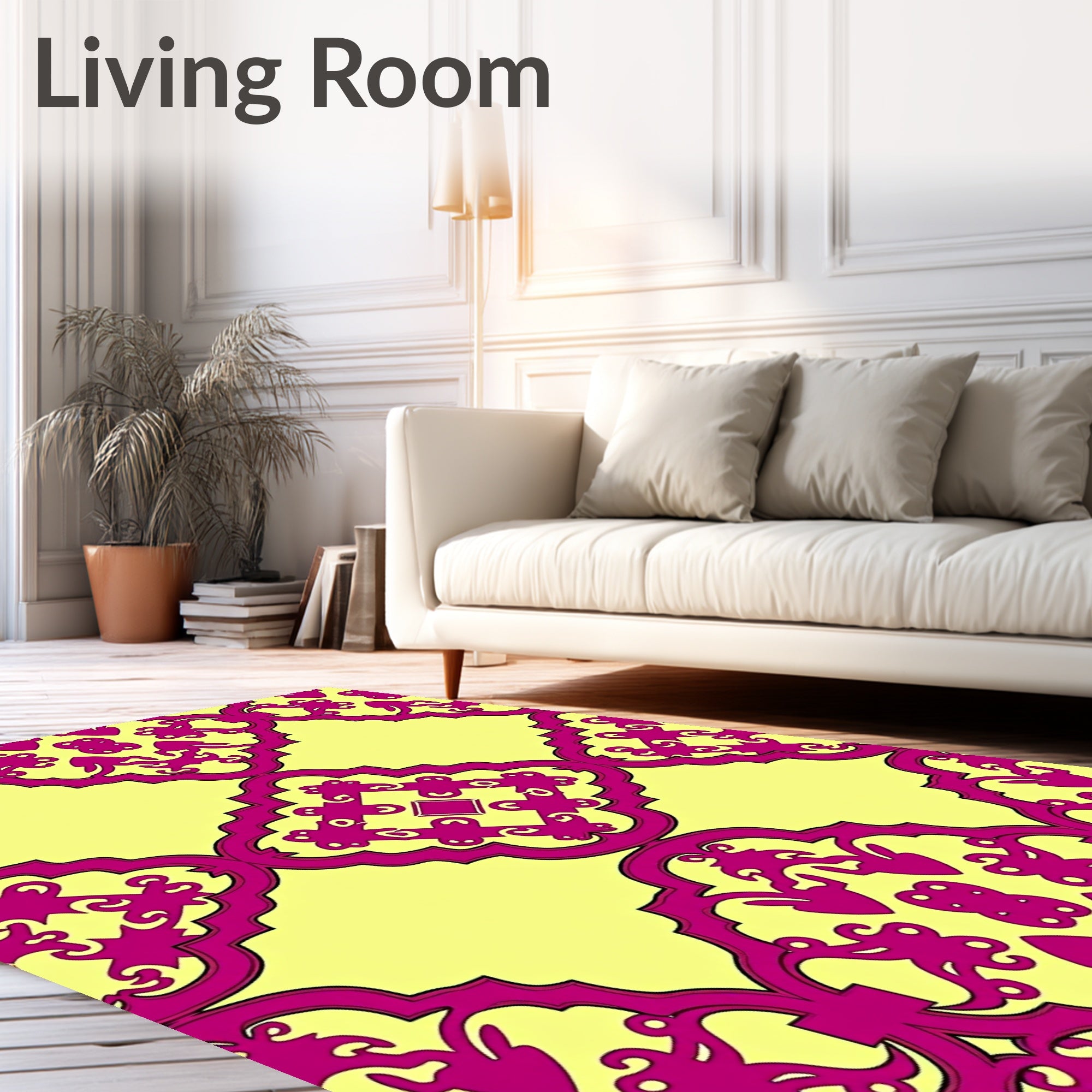 Vibrant Magenta Arching Filigree Yellow Rug