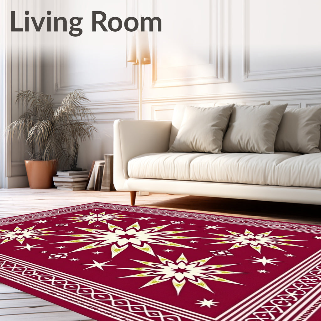 Crimson Starburst Geometric Border Rug