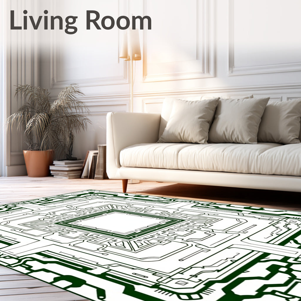 Dark Green Futuristic Circuit Board Rug