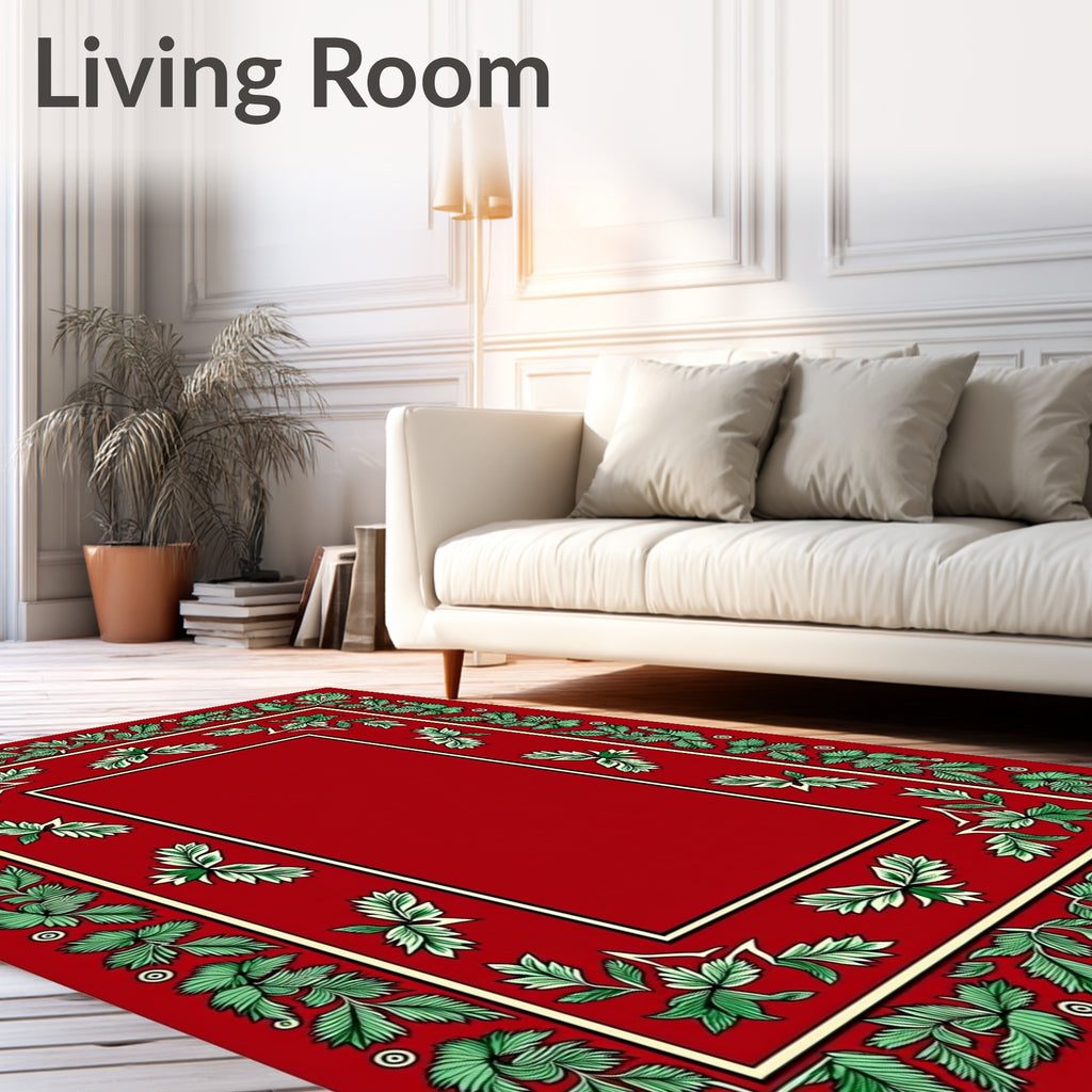 Crimson Bordered Green Leaf Medallion Rug