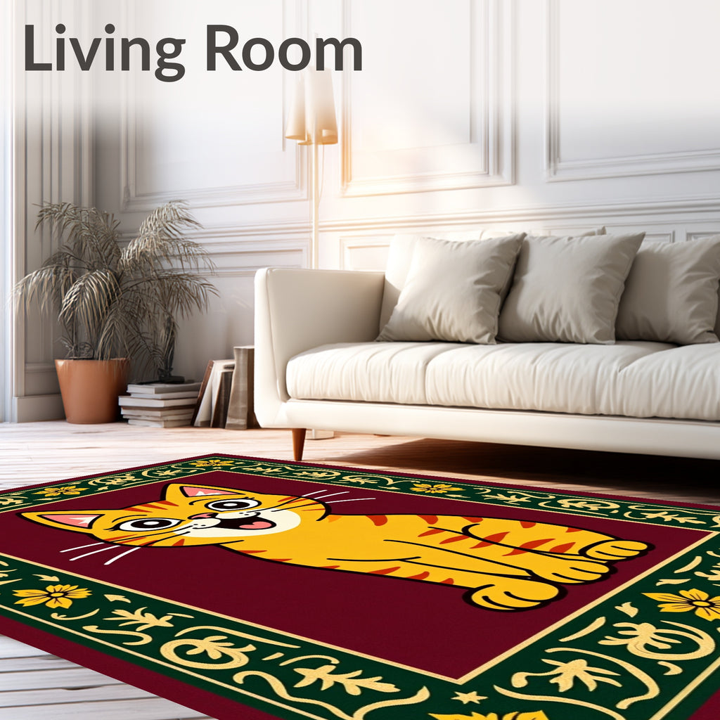 Retro Orange Striped Cat Floral Border Rug