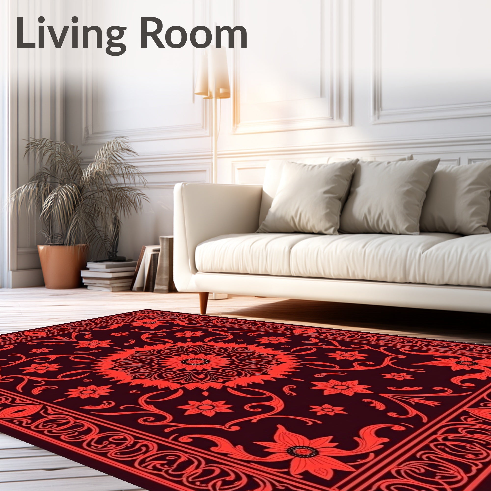 Rich Crimson Bloom Border Artwork Rug
