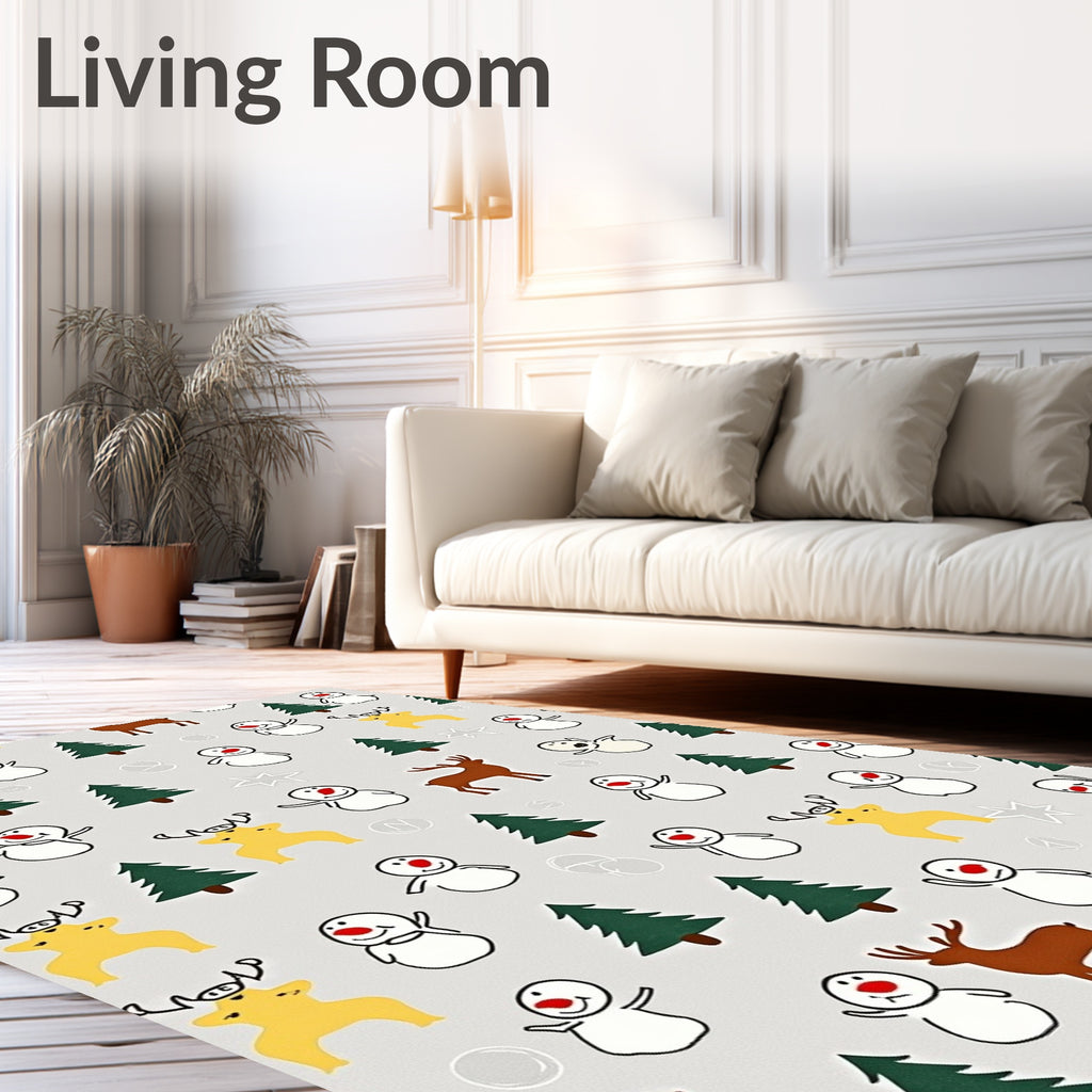 Charming Snowman and Deer Holiday Scene Rug