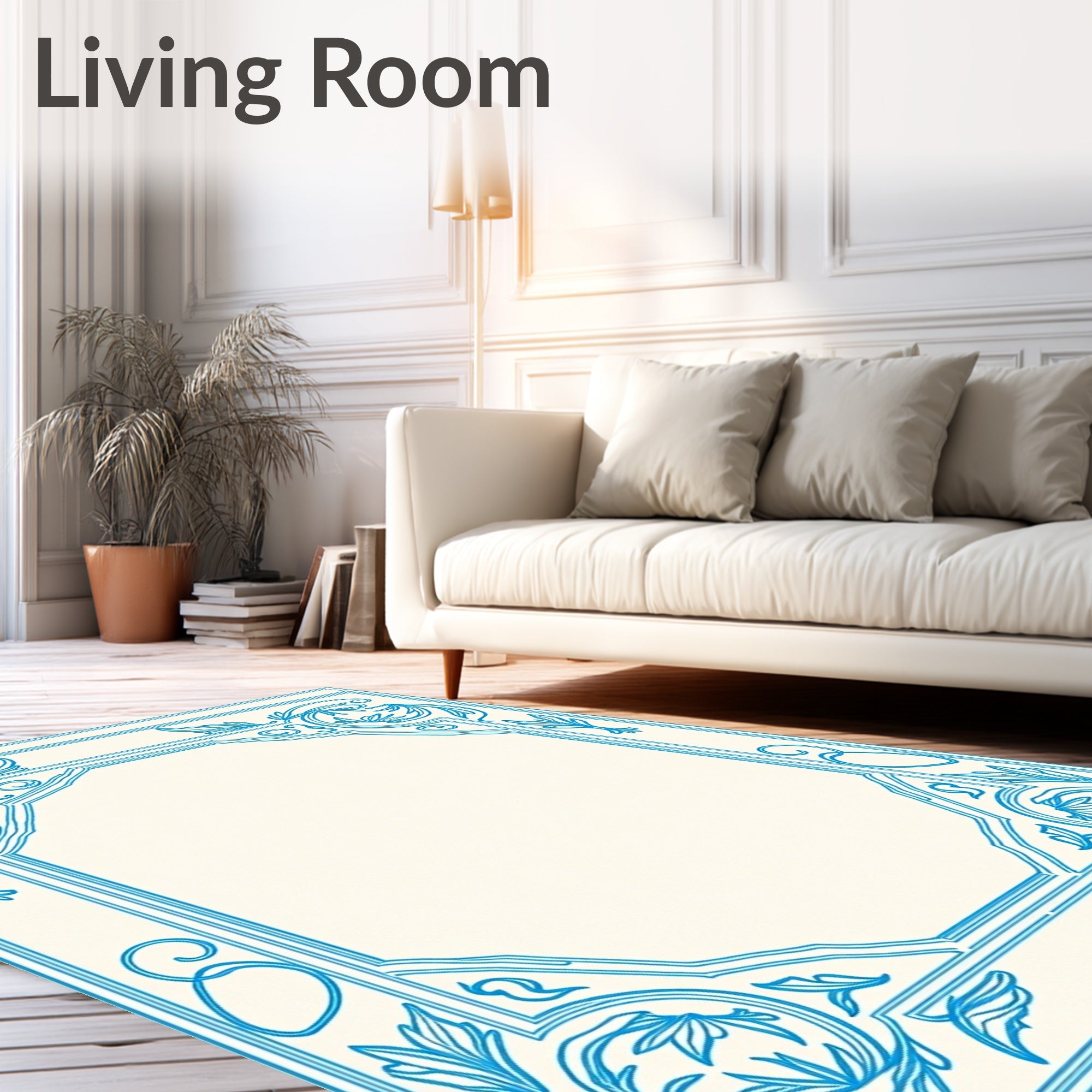 Blue Floral Acanthus Scroll Frame Rug