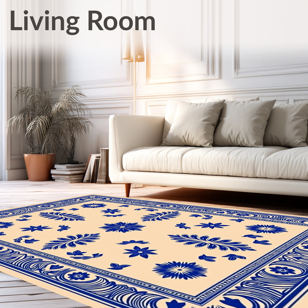 Blue Floral Cream Border Rug