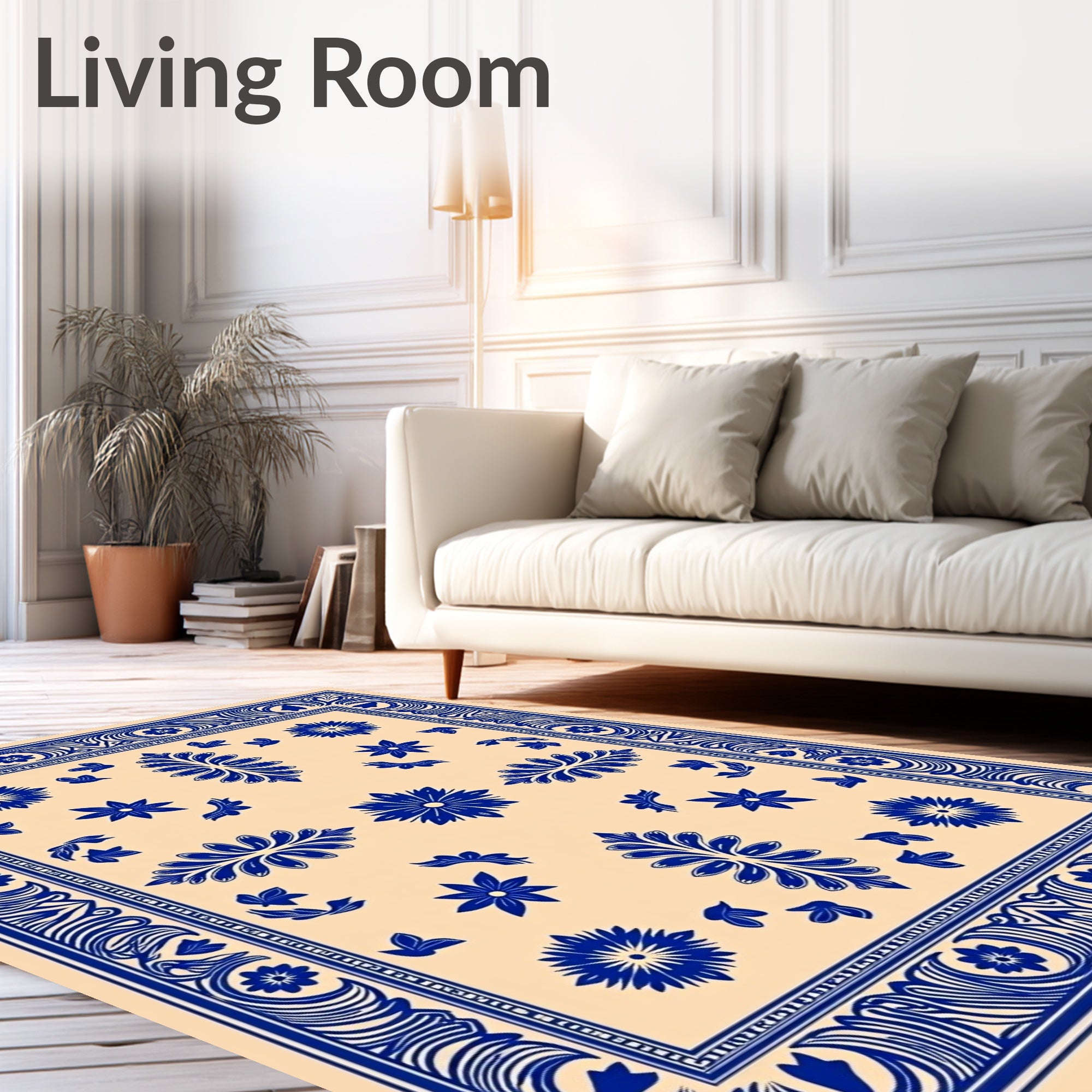 Blue Floral Cream Border Rug