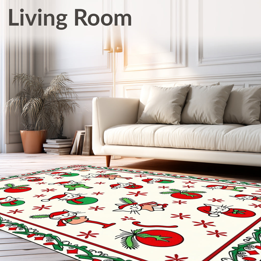 Festive Cat Christmas Ornaments Border Rug
