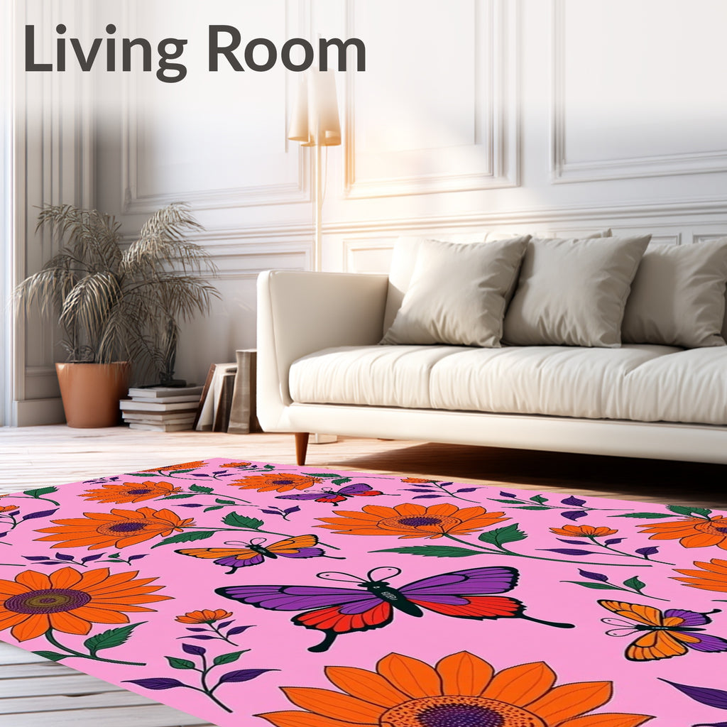 Vibrant Orange Sunflowers Purple Butterflies Rug