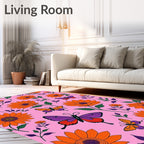 Vibrant Orange Sunflowers Purple Butterflies Rug