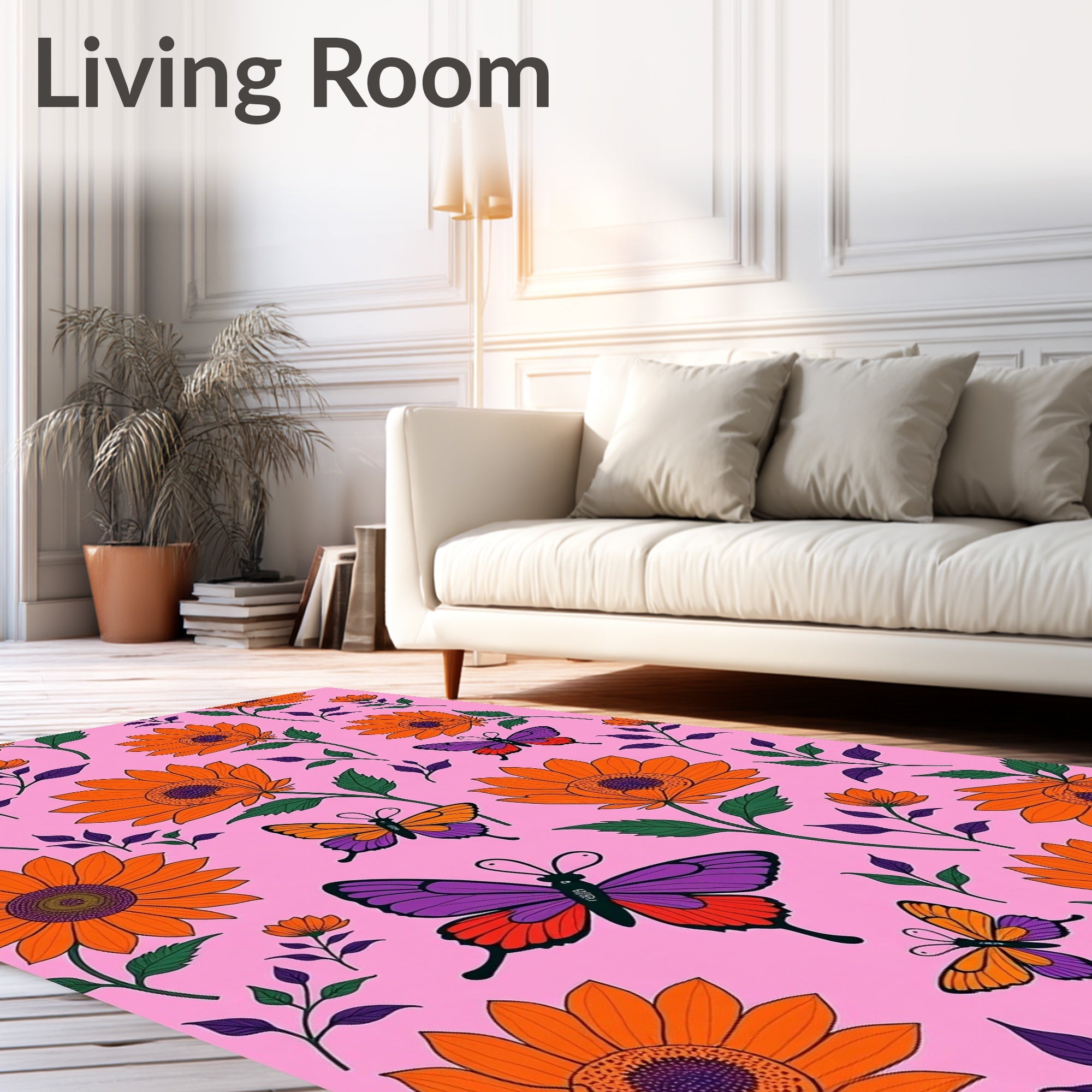 Vibrant Orange Sunflowers Purple Butterflies Rug