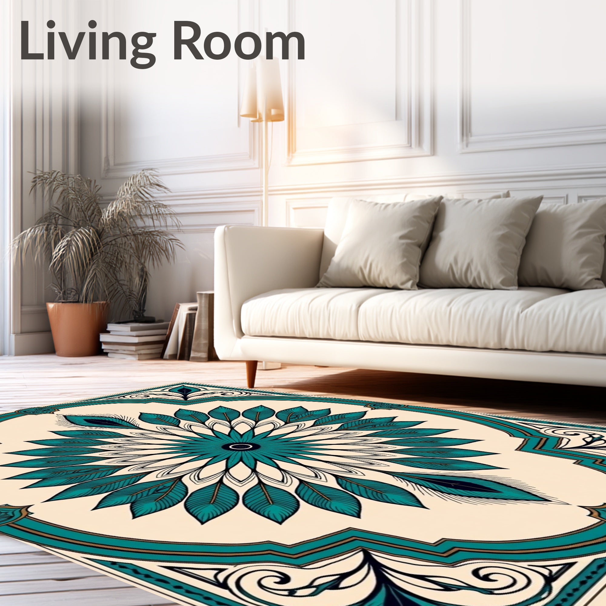 Teal Feather Mandala With Golden Frame Rug