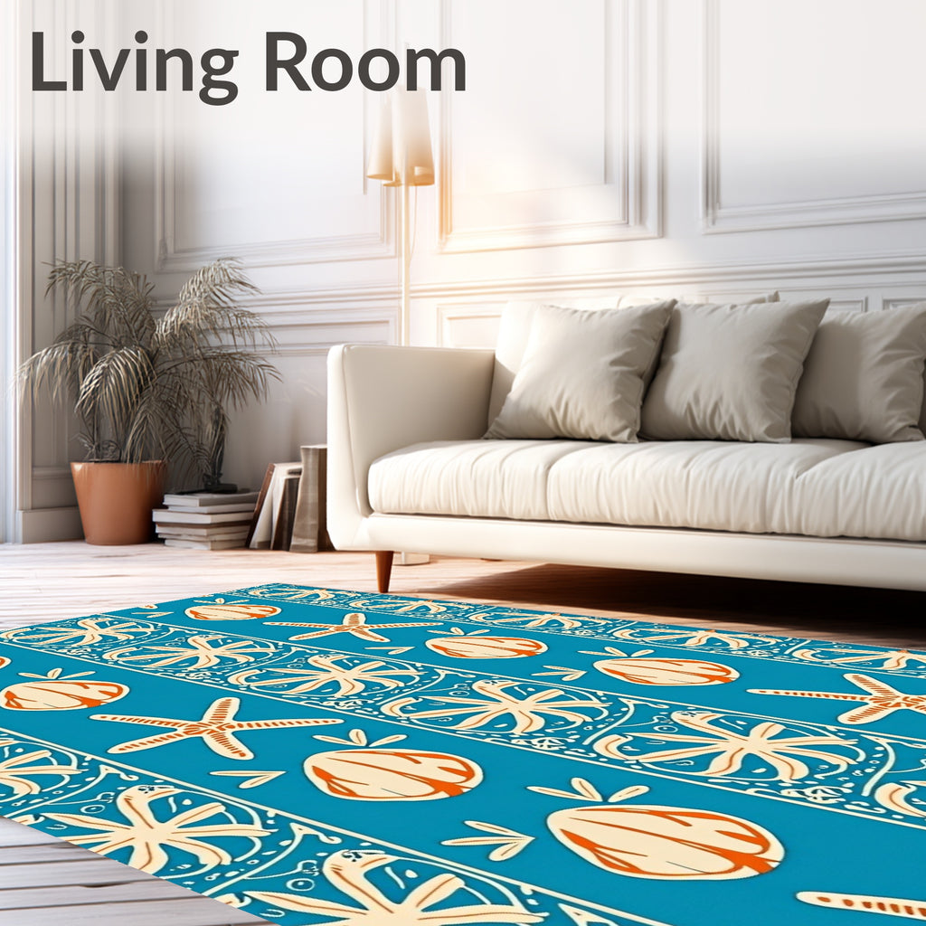 Coastal Blue Seashell Starfish Stripe Rug