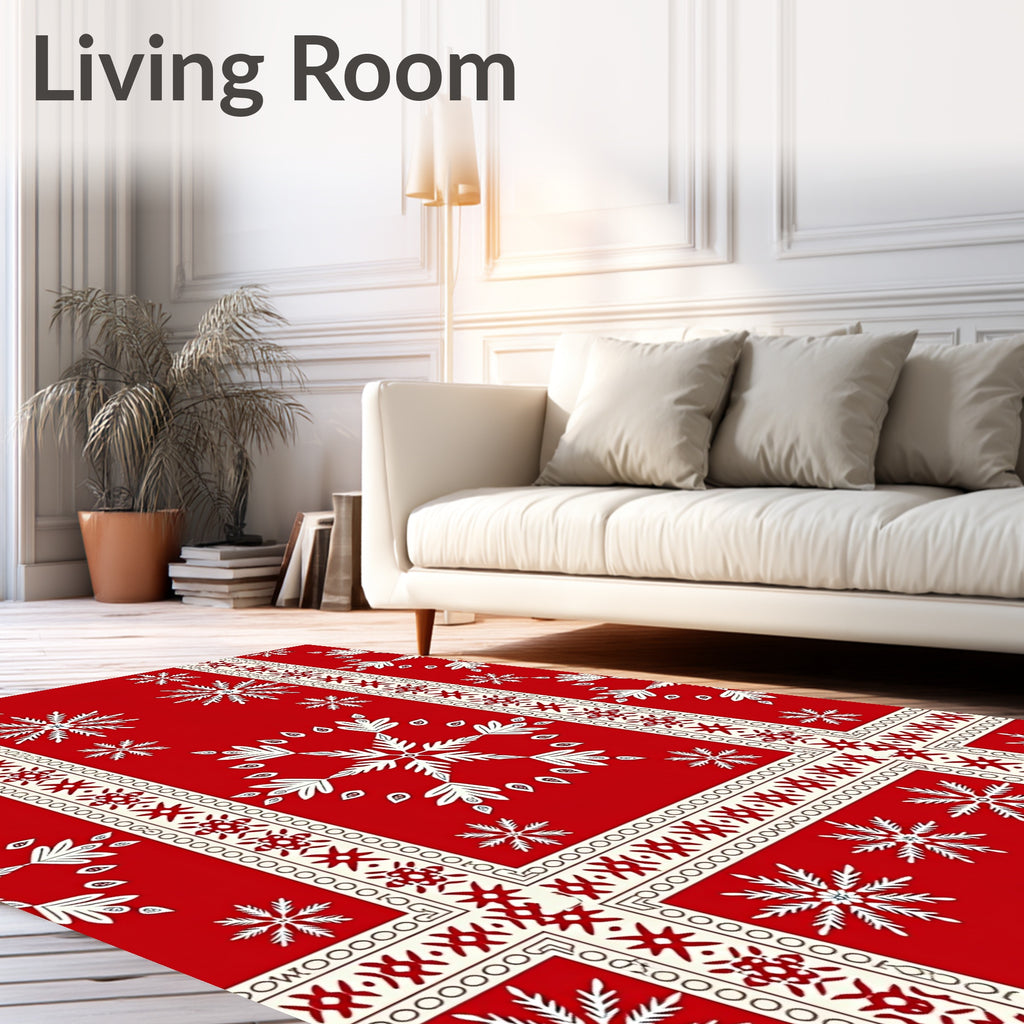 Classic Red White Snowflake Border Rug