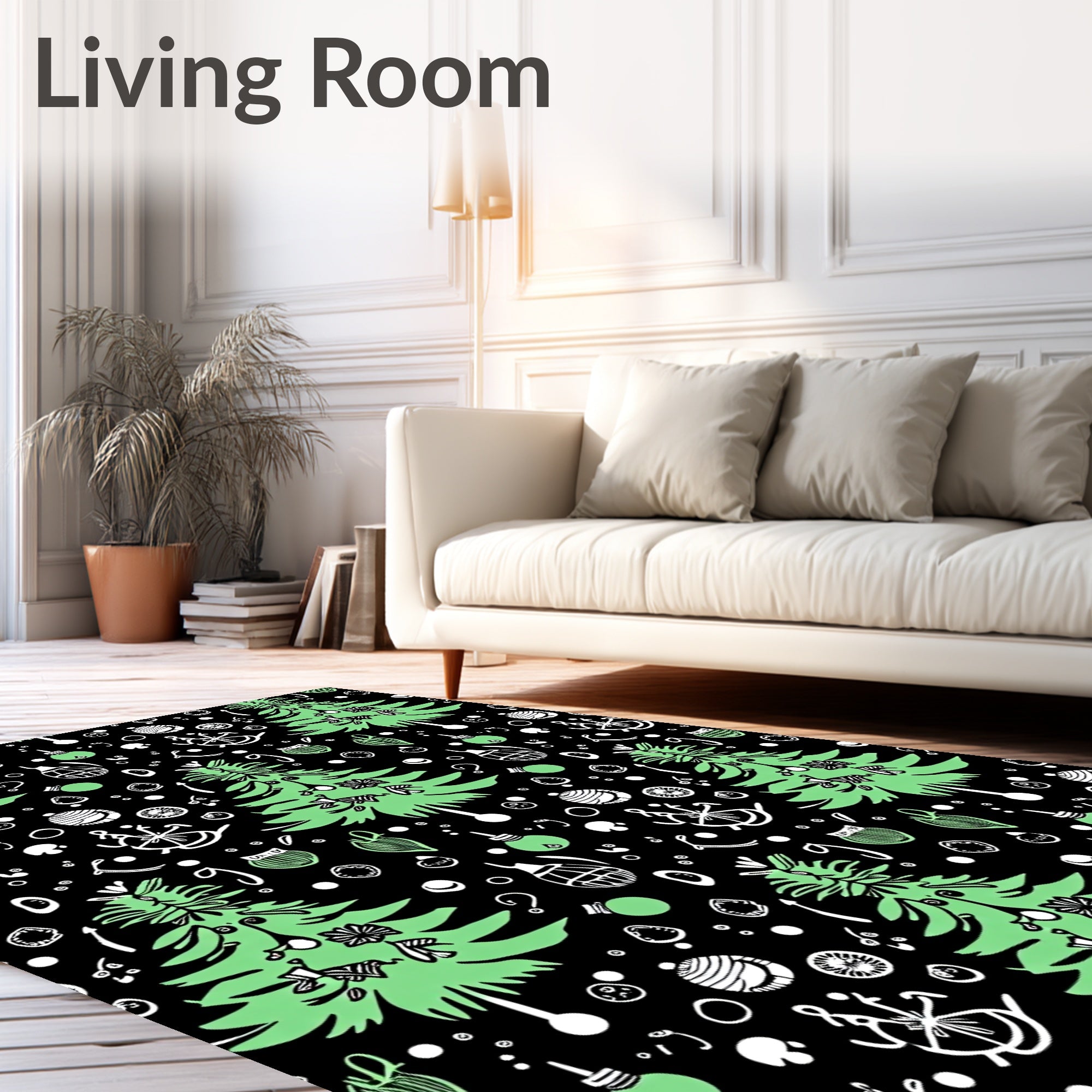 Festive Green Christmas Trees Ornaments Black Rug