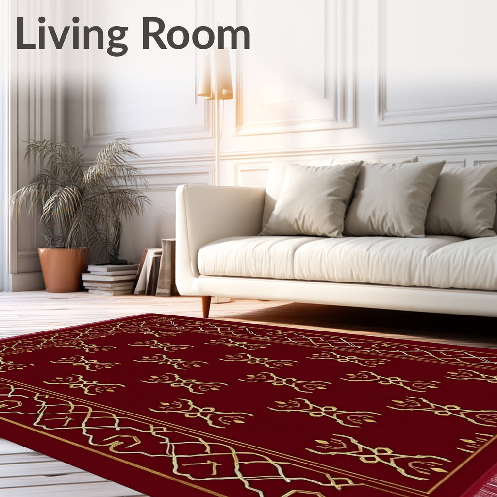 Deep Red Golden Ornate Lattice Rug