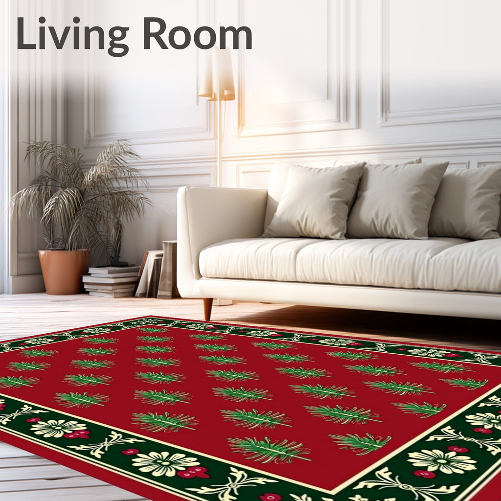 Crimson Green Fir Tree Floral Border Rug