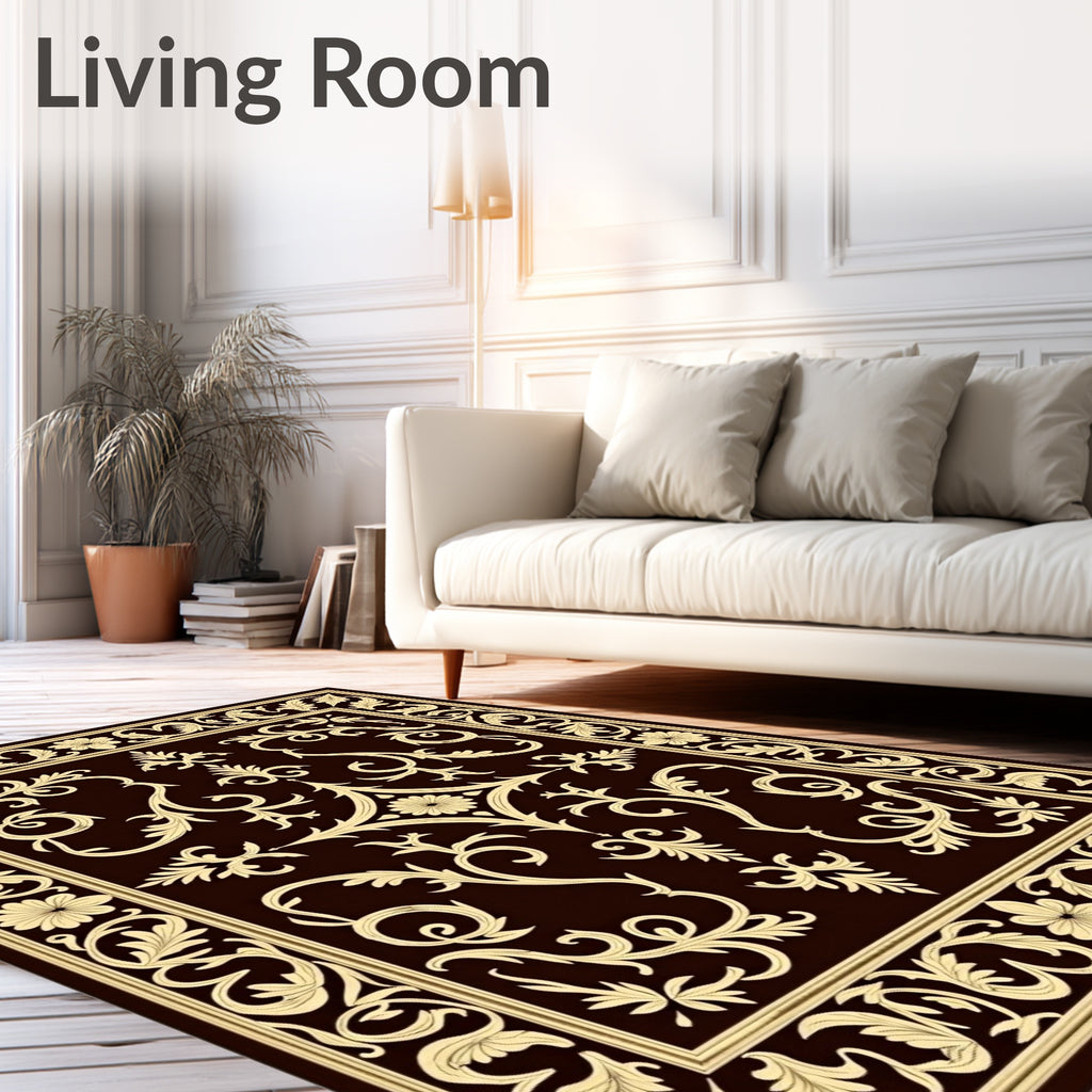 Ornate Tan Floral Damask Brown Rug