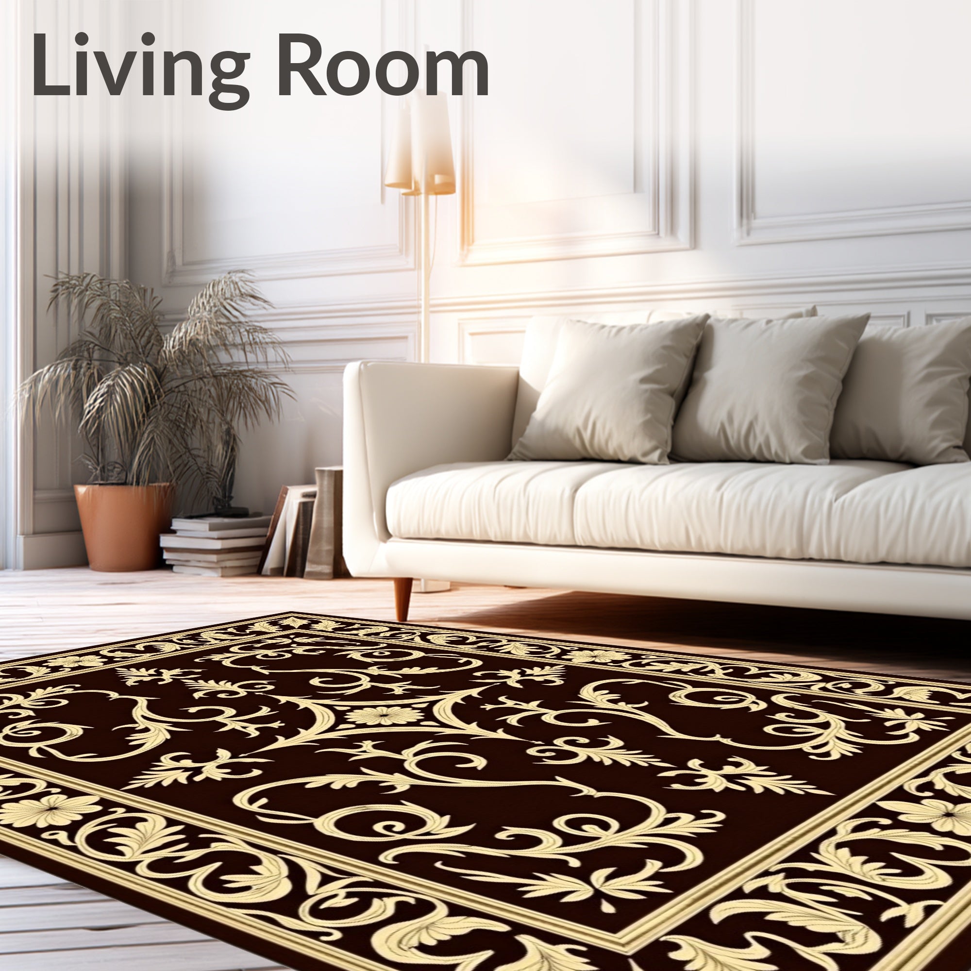 Ornate Tan Floral Damask Brown Rug