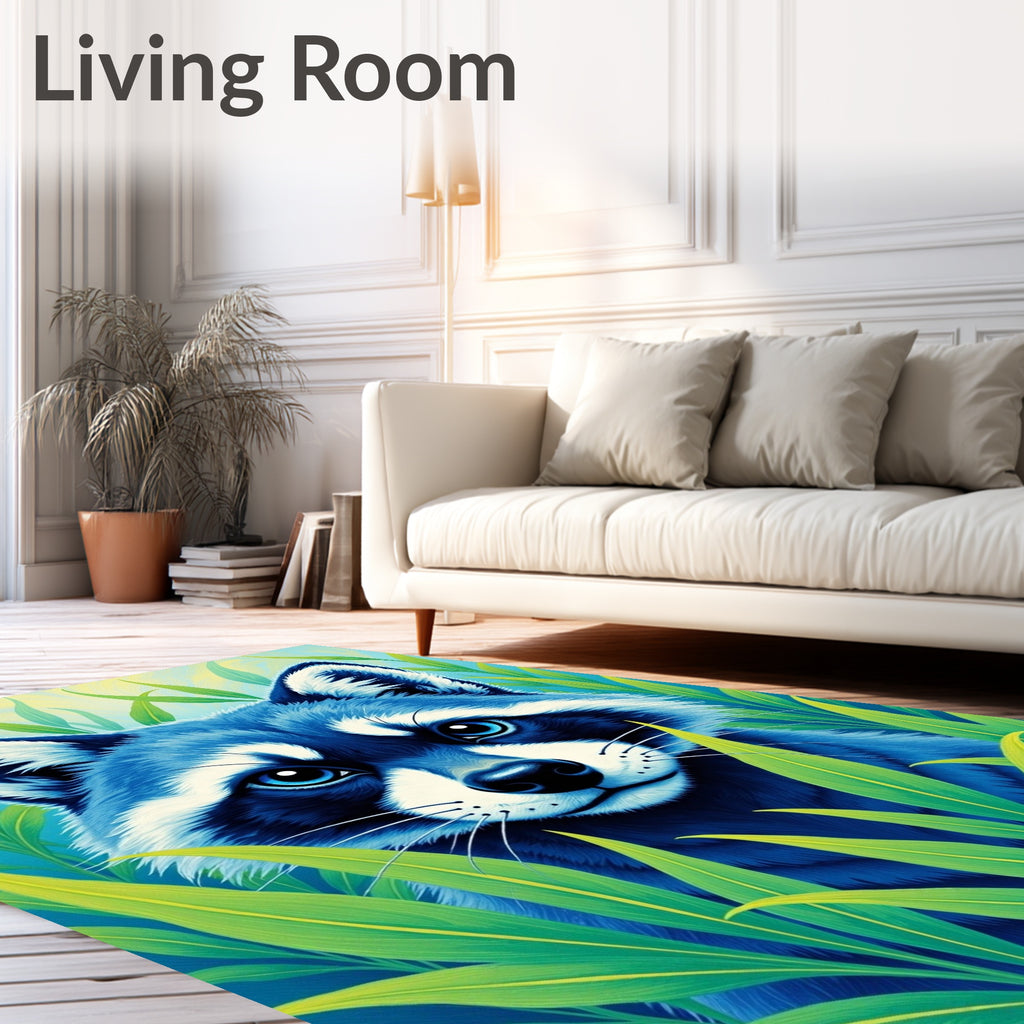 Vibrant Blue Raccoon Among Green Leaves Rug