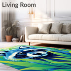 Vibrant Blue Raccoon Among Green Leaves Rug