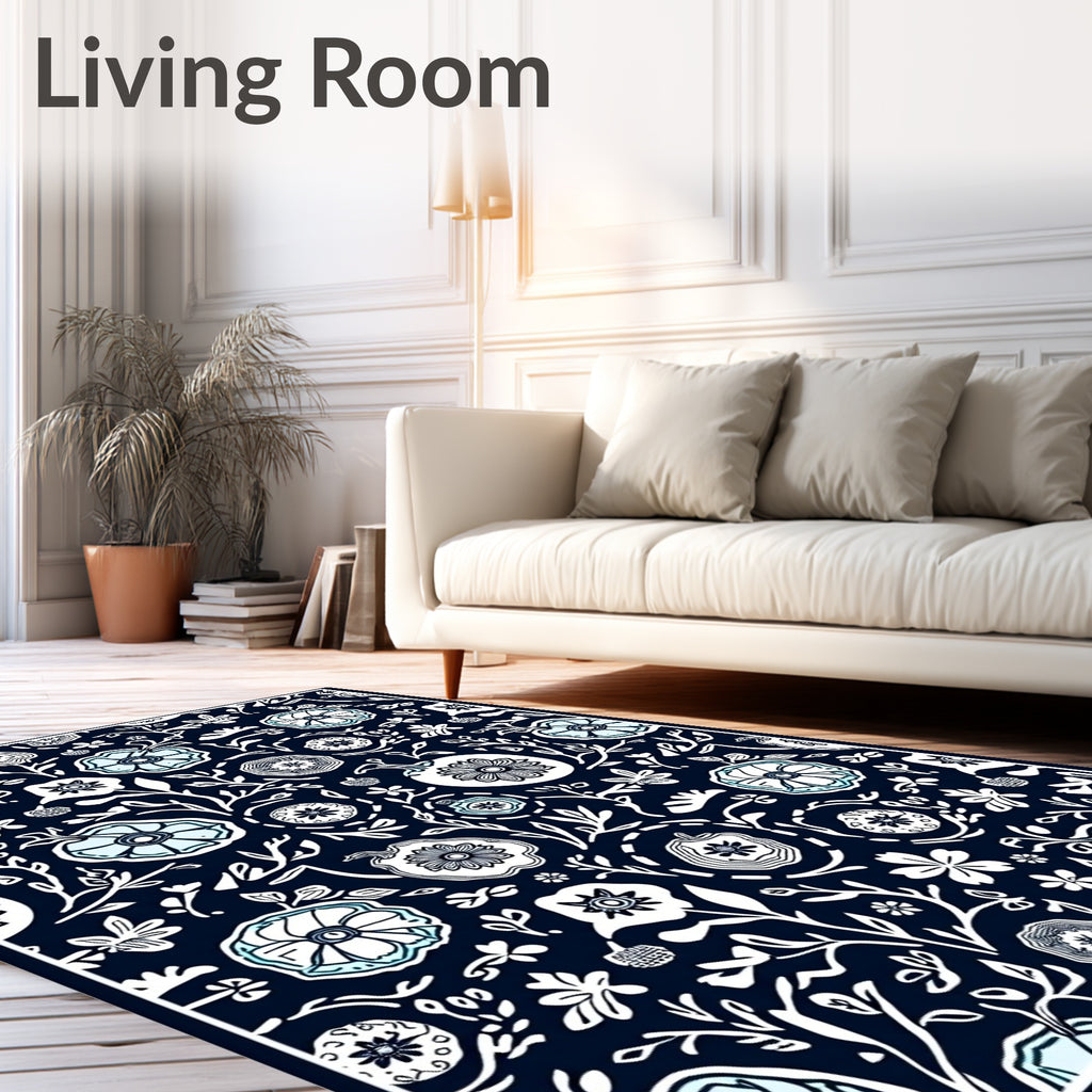 Dark Blue Floral Medallion Whimsical Rug
