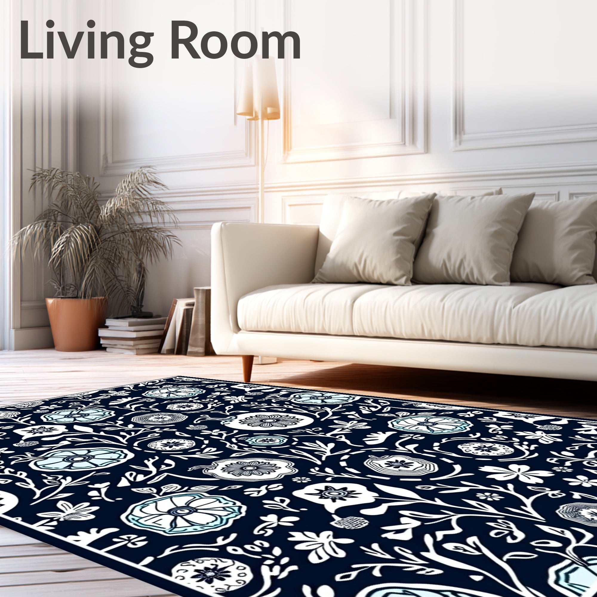 Dark Blue Floral Medallion Whimsical Rug