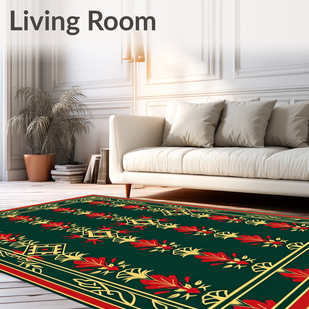 Emerald Red Golden Floral Medallion Rug