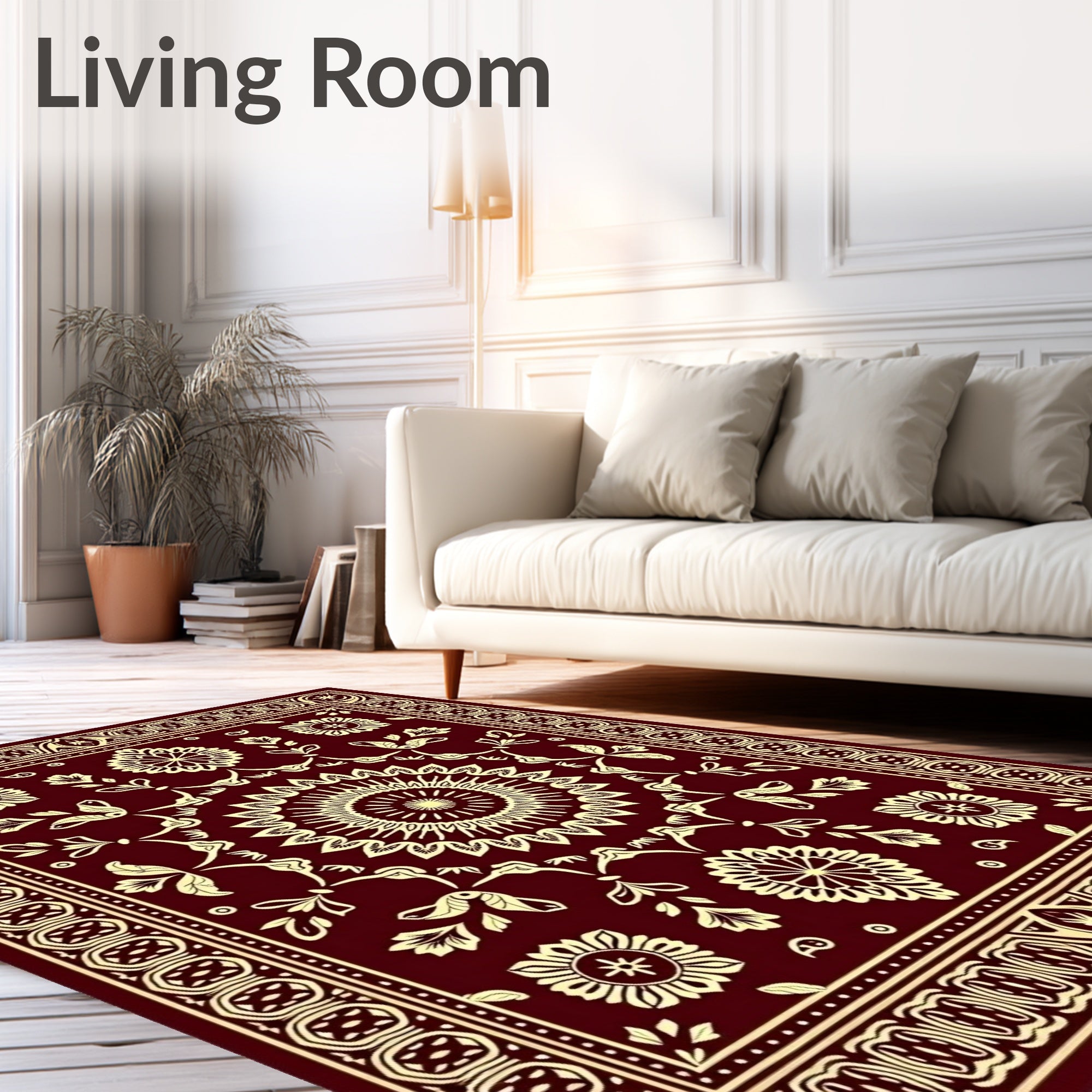 Rich Crimson Floral Mandala Border Rug