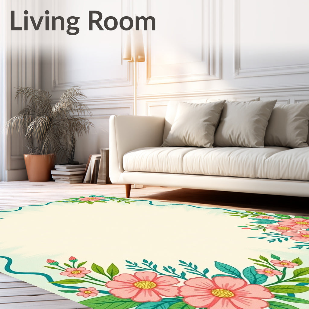 Blush Pink Floral Garland Aquamarine Border Rug
