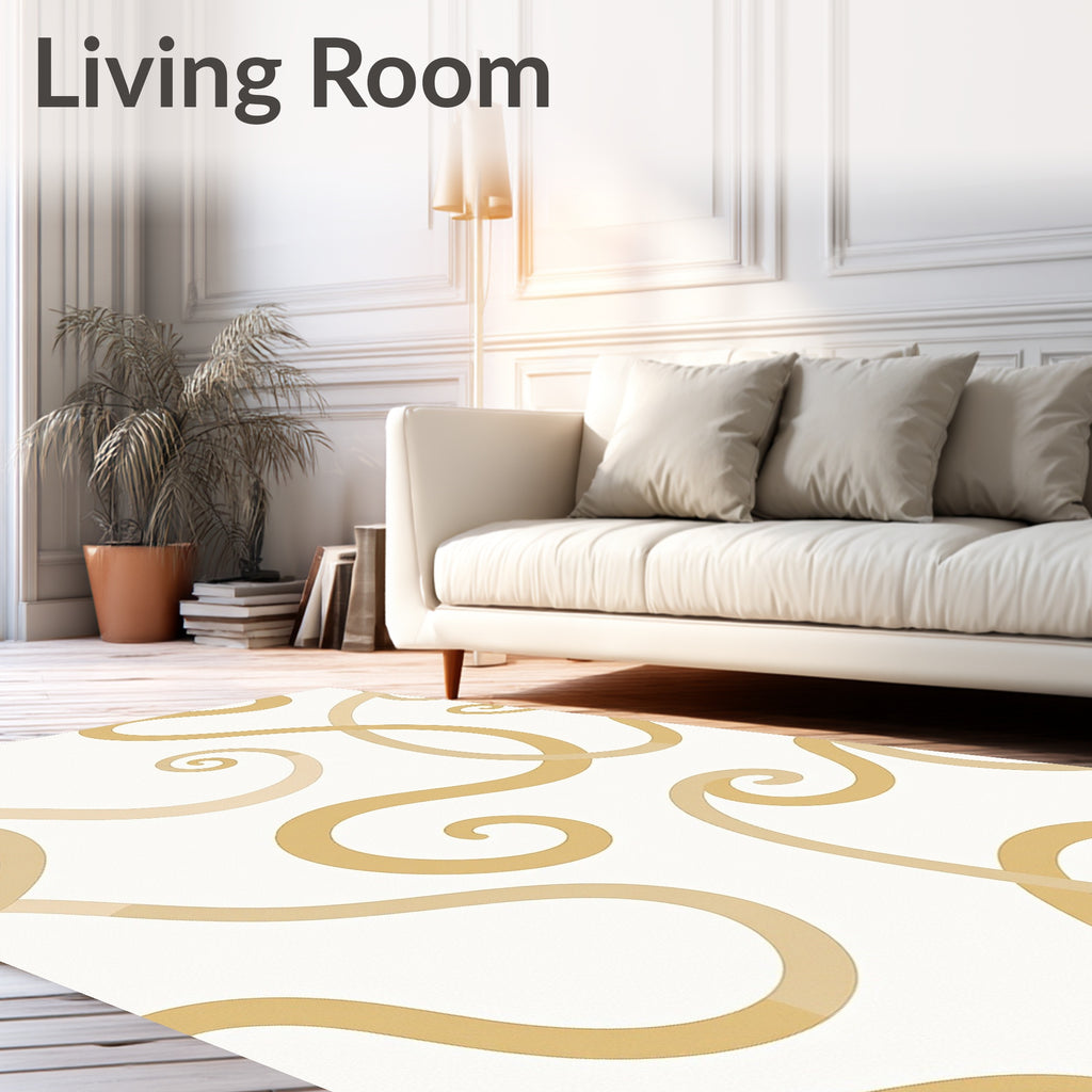 Golden Swirl Curves on Cream Field Rug