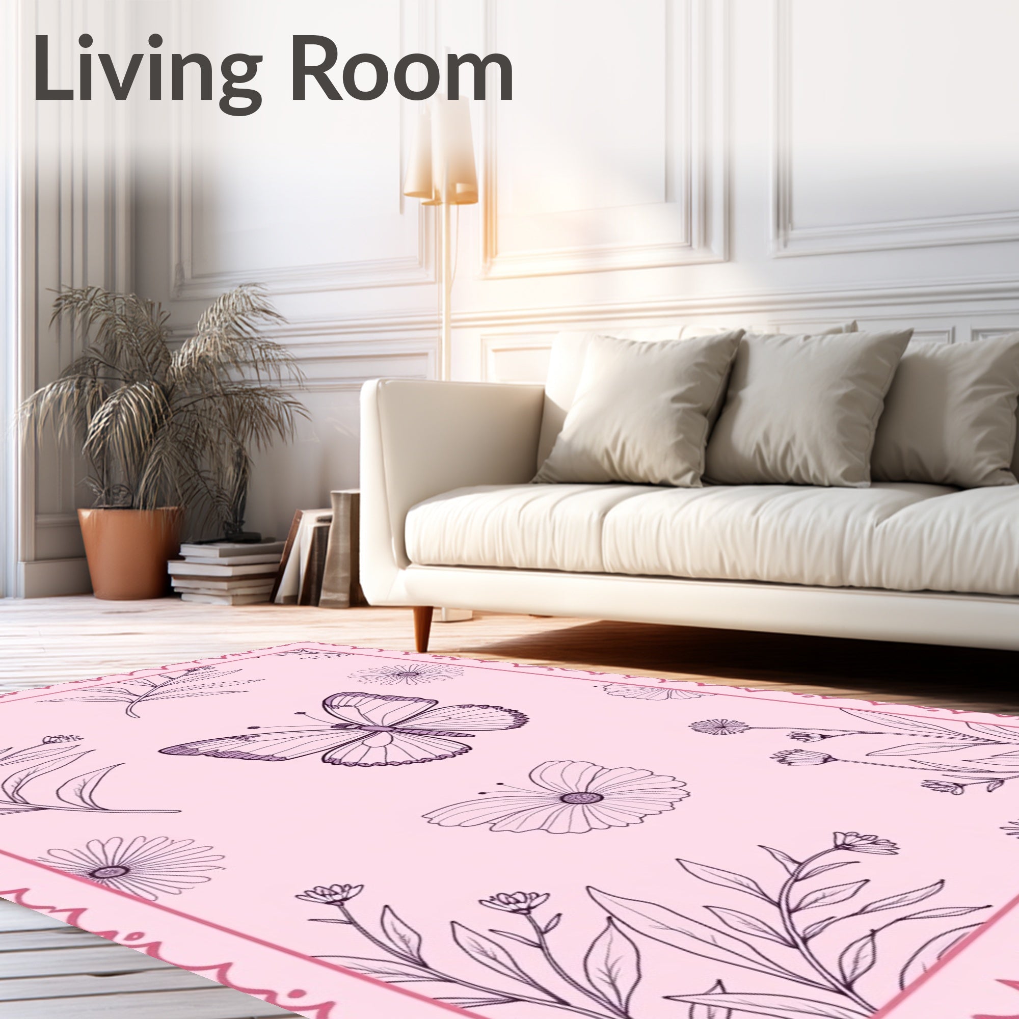 Pastel Pink Butterfly Garden Art Rug