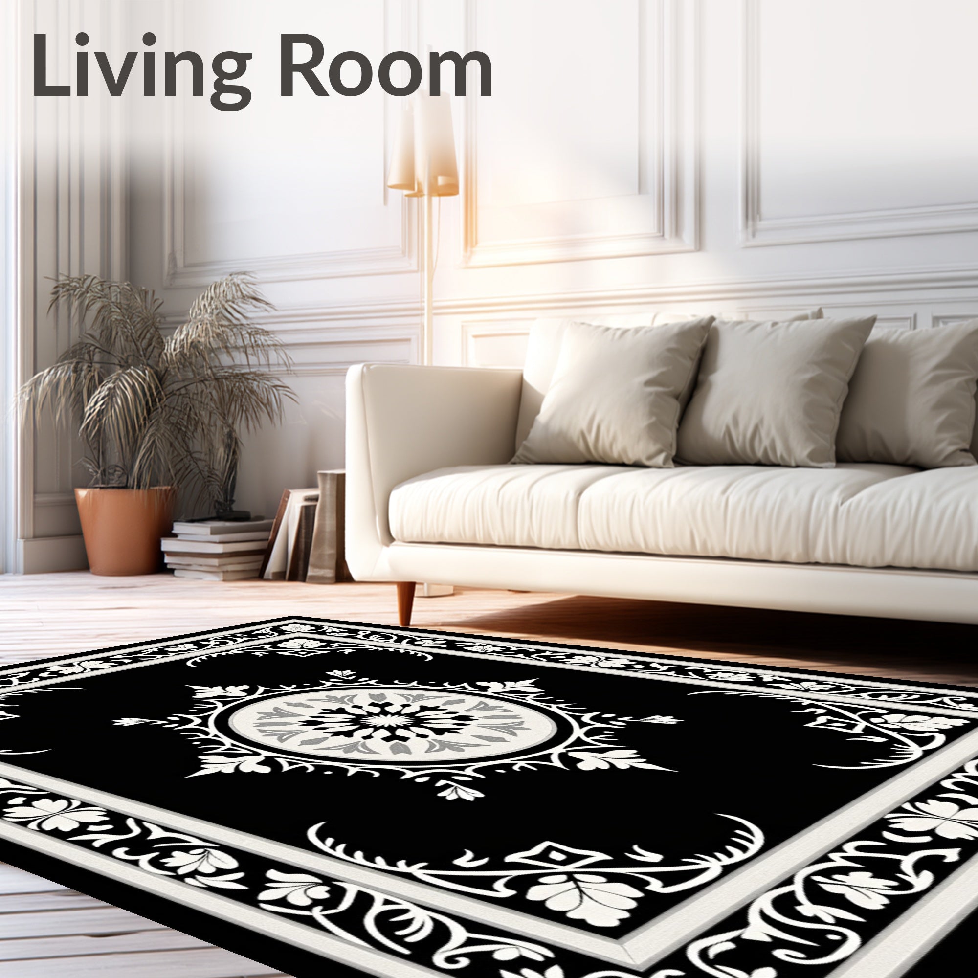 Black and White Floral Medallion Border Rug