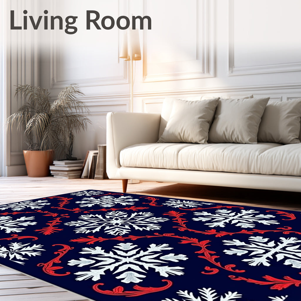 Festive White Snowflake Red Scroll Rug
