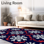 Festive White Snowflake Red Scroll Rug