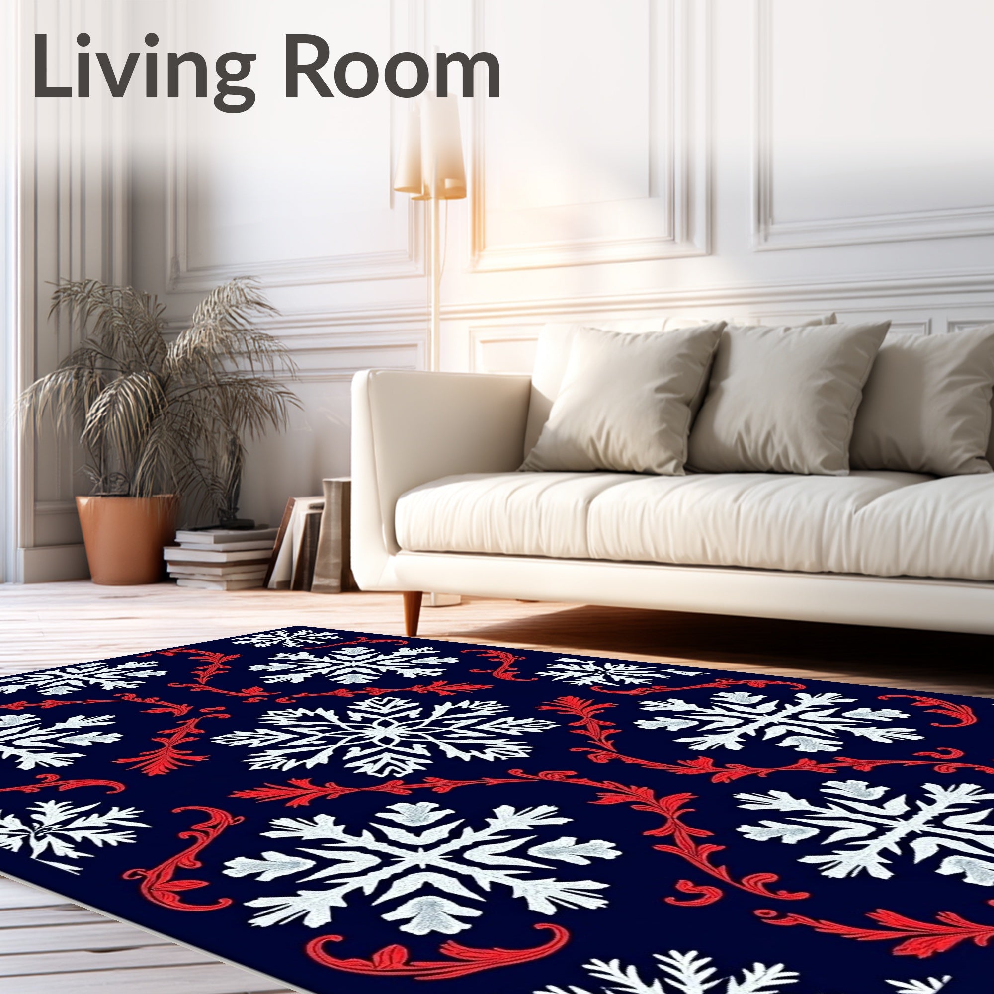 Festive White Snowflake Red Scroll Rug