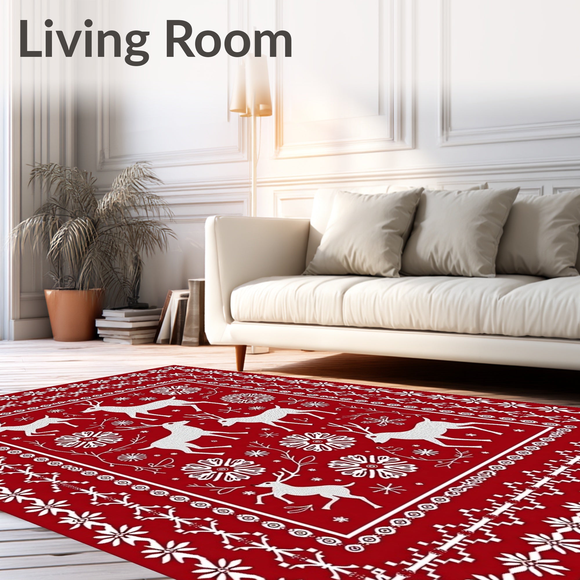 Red White Deer Snowflake Nordic Rug