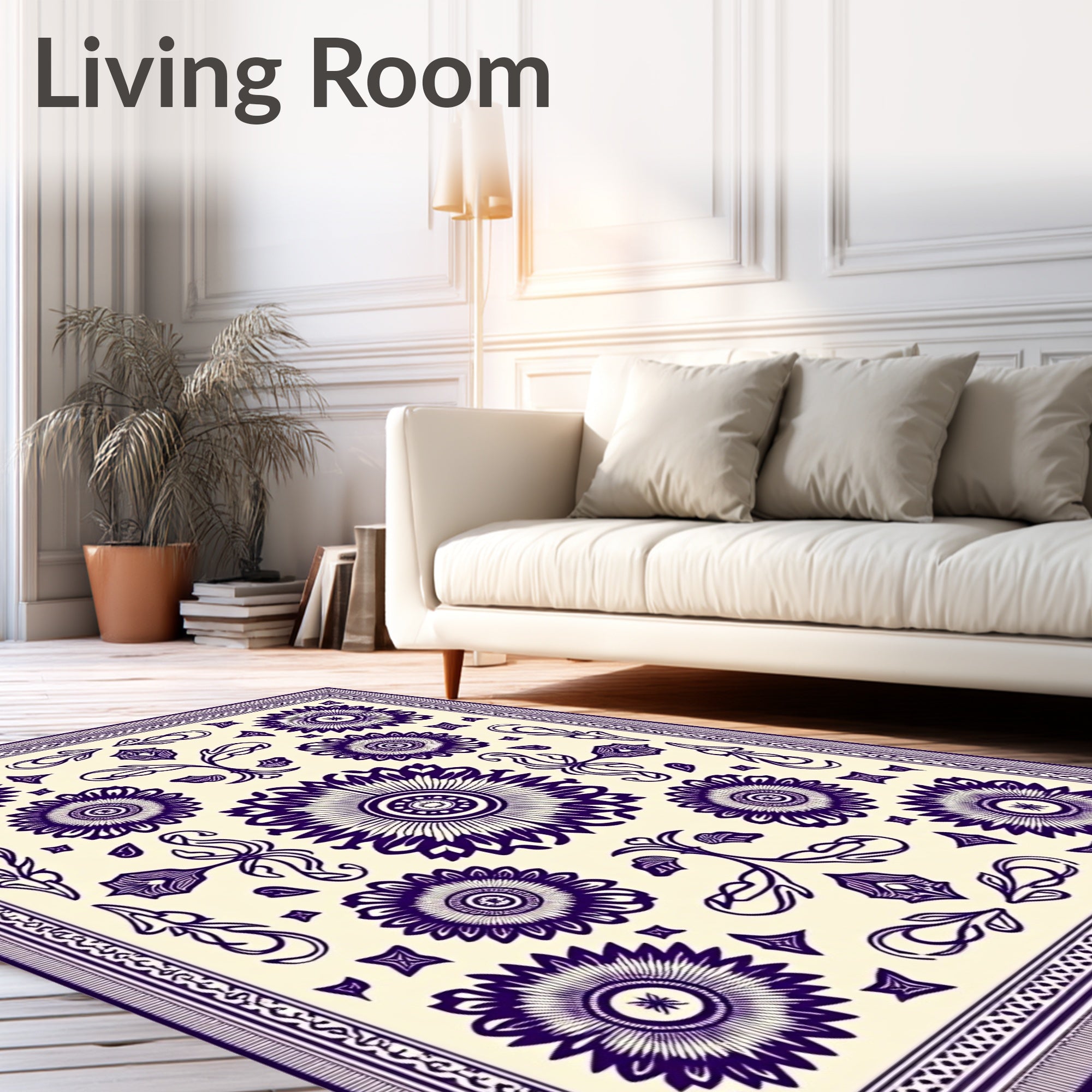 Deep Indigo Floral Medallion Cream Rug