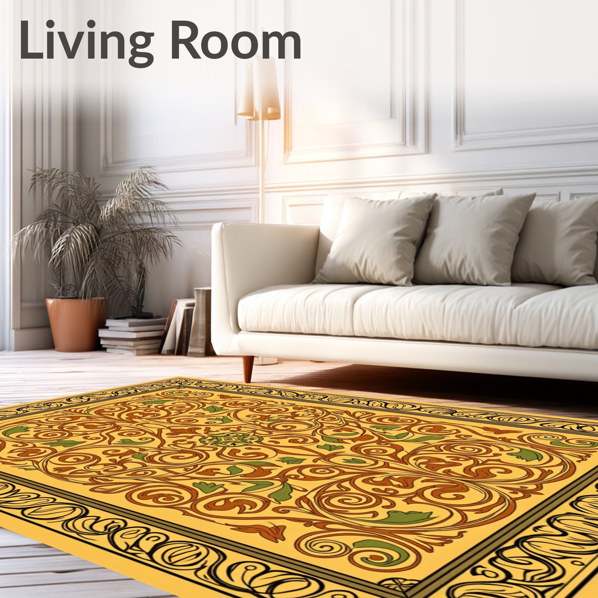 Golden Brown Floral Scroll Border Rug