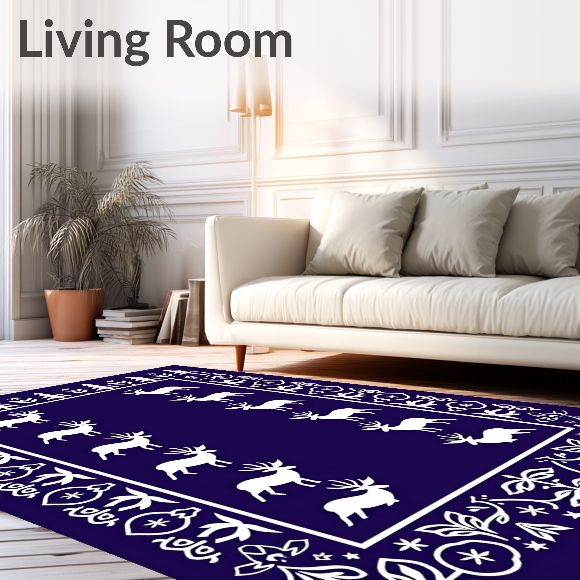 Deep Blue White Reindeer Forest Border Rug