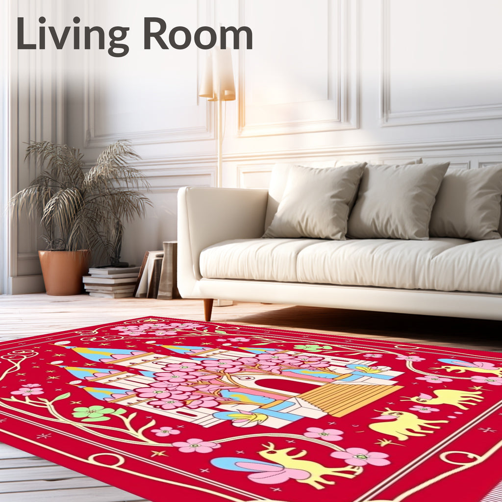 Red Floral Castle Whimsical Creatures Rug
