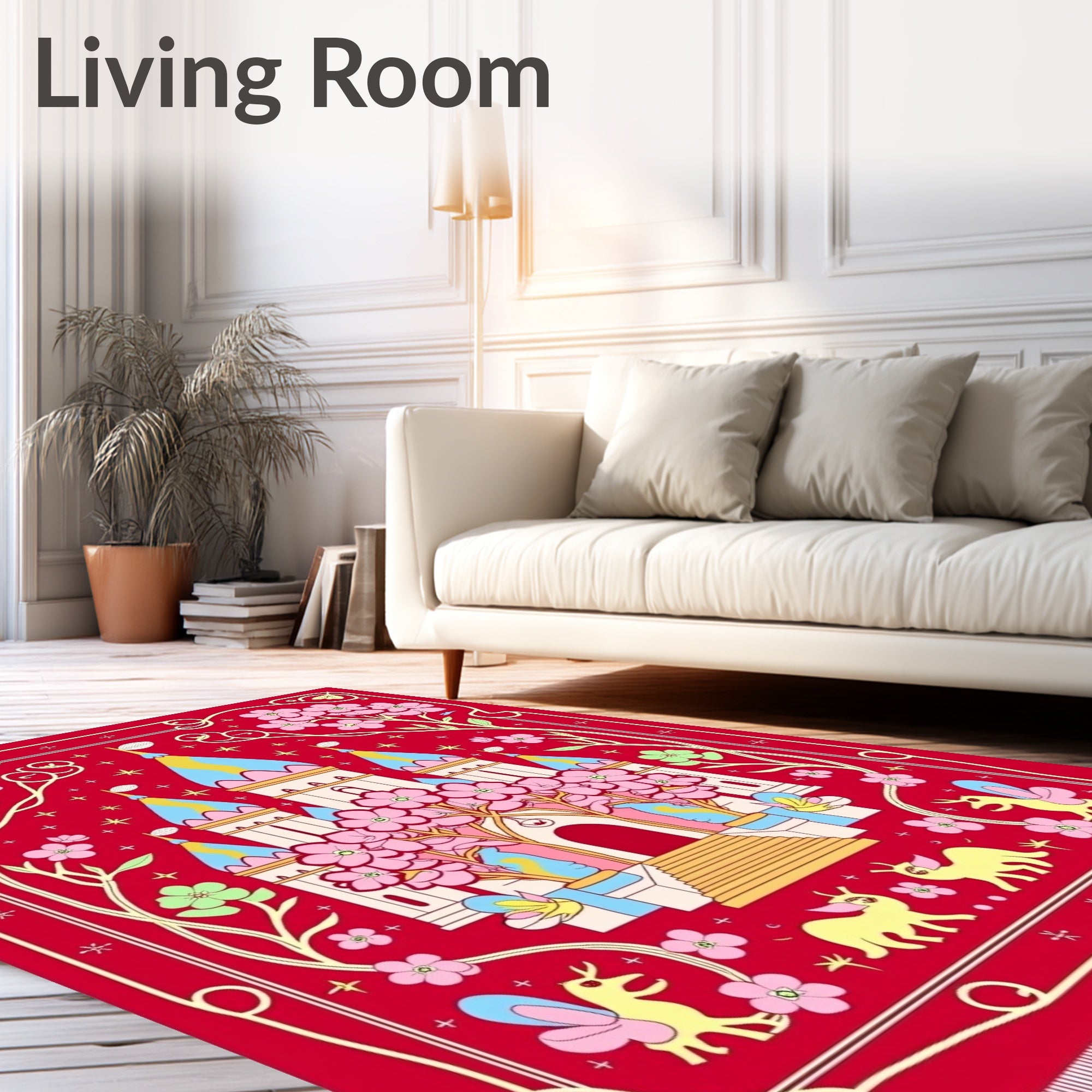 Red Floral Castle Whimsical Creatures Rug
