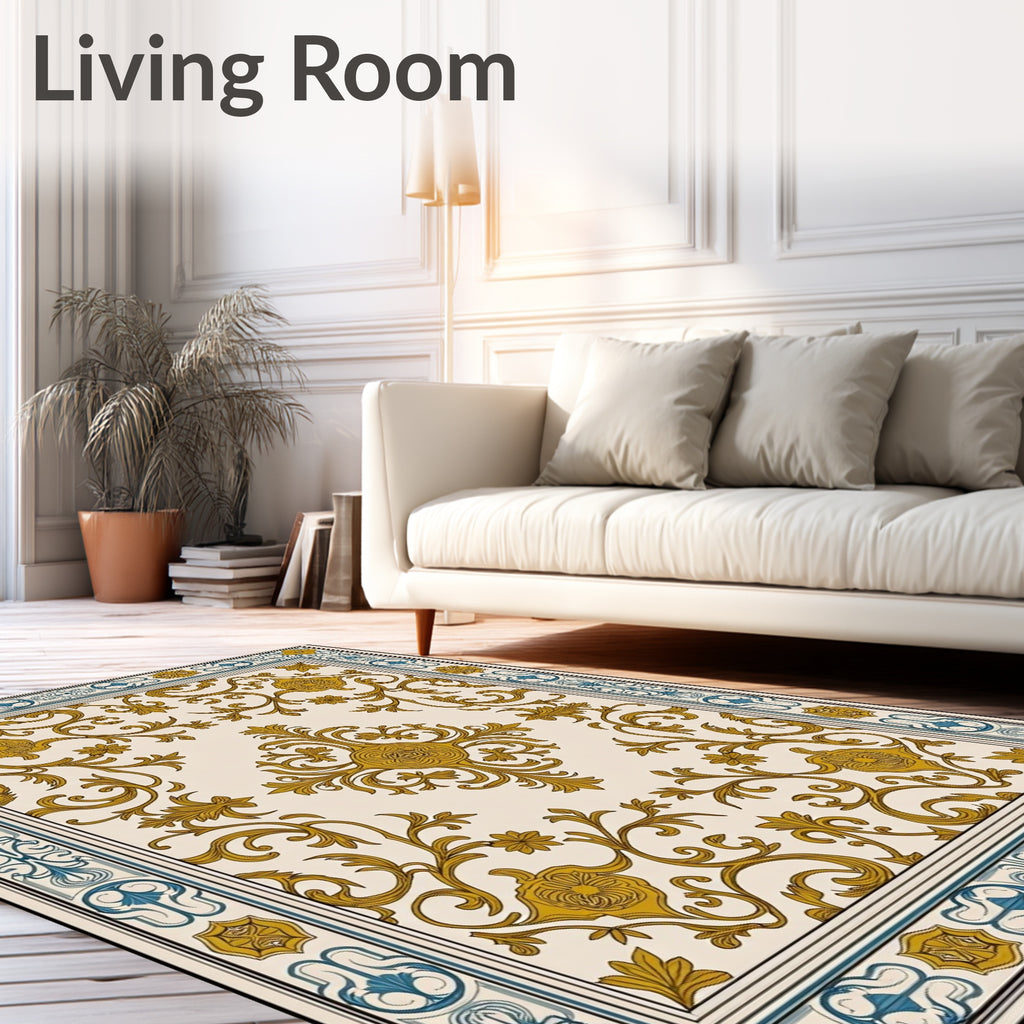 Golden Floral Medallion Cream Border Rug