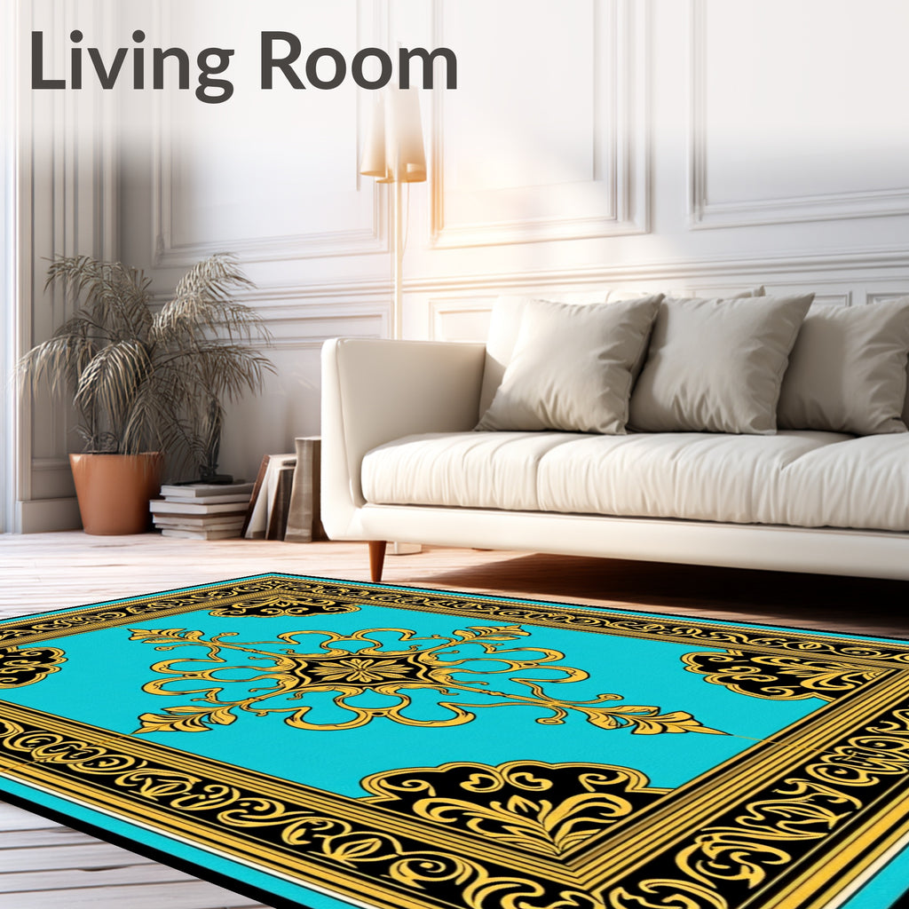Aqua Gold Black Baroque Flourish Rug